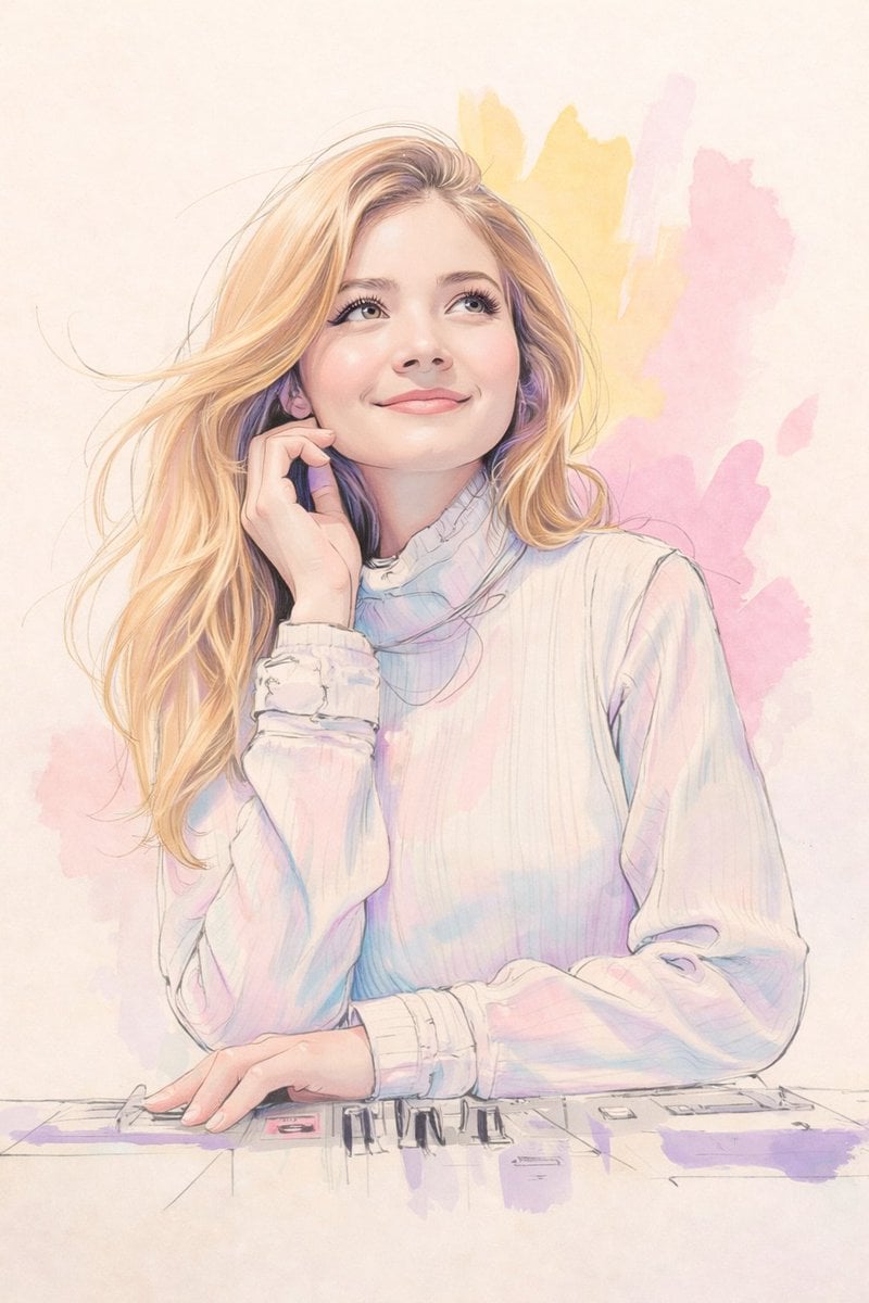 A soft pastel watercolor digital illustration of a young woman with long, flowing blonde ...