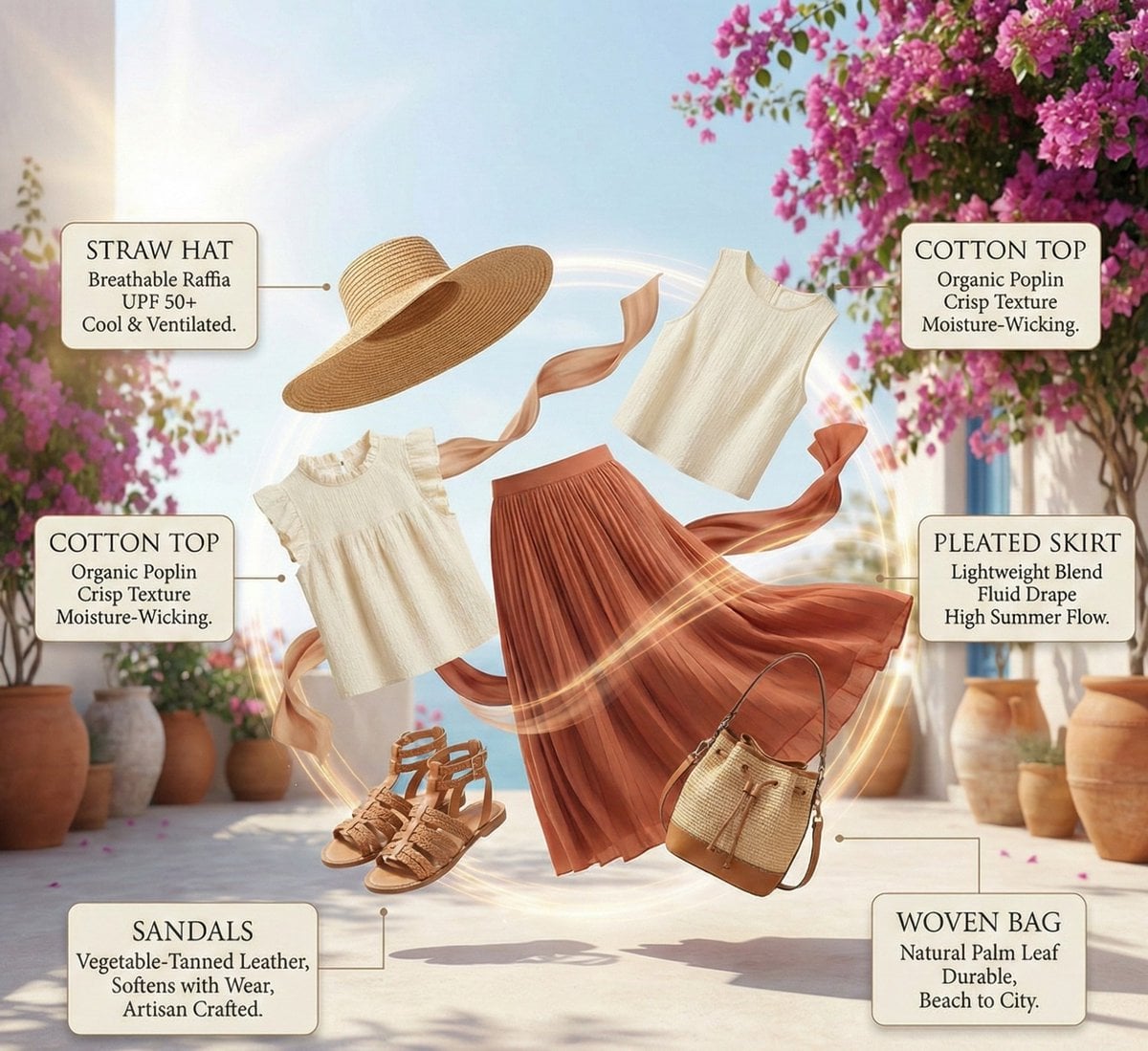 High-fashion summer outfit infographic with color-coordinated floating elements arranged ...