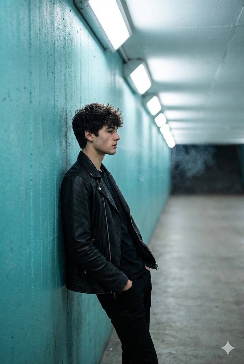 A full shot captures a young man in profile, leaning against a textured turquoise wall in...