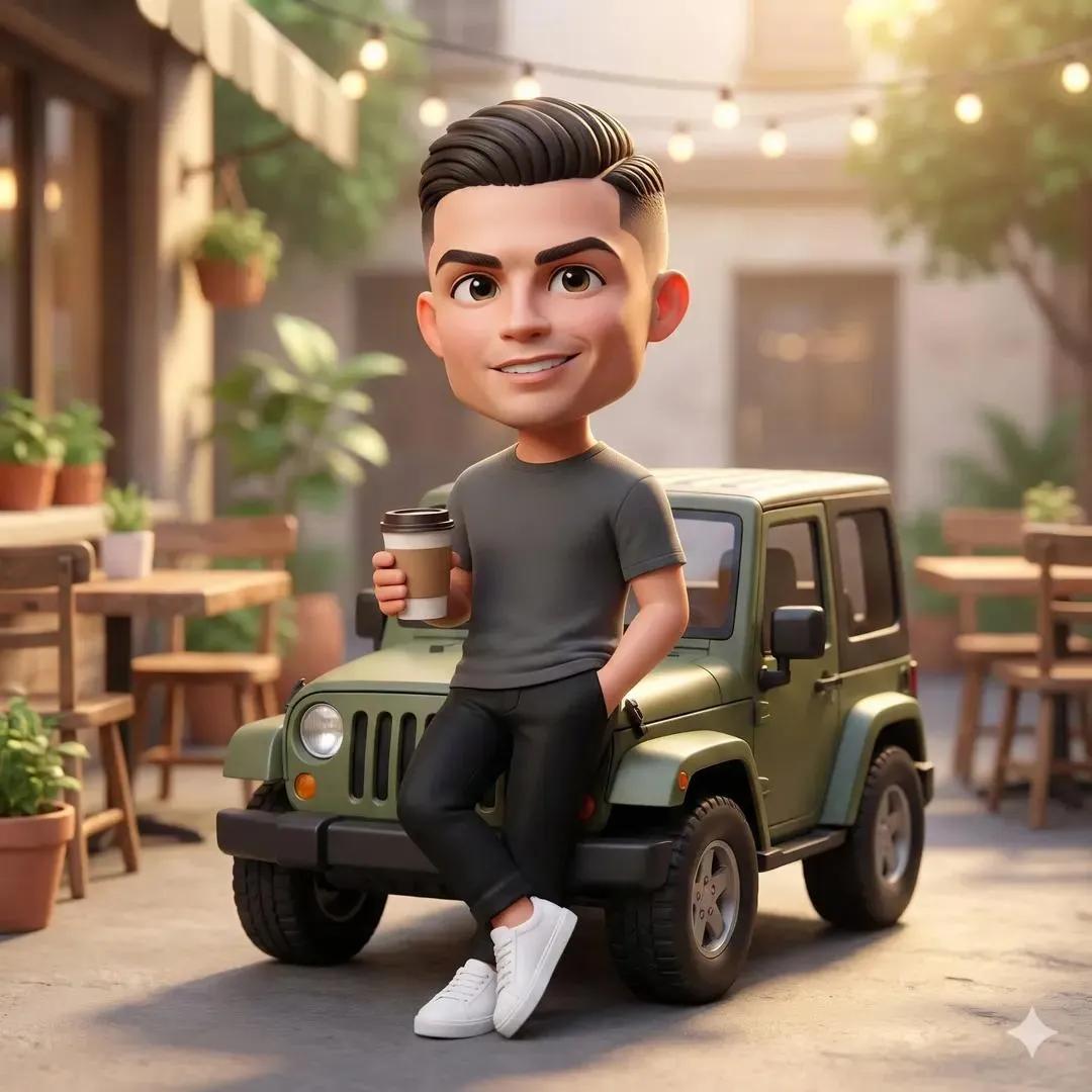 Ultra-detailed 3D chibi-style character with a big head and expressive eyes, cute proport...