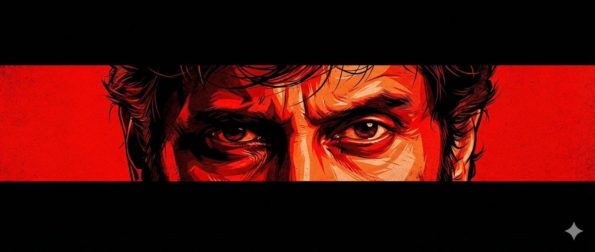 A cinematic poster-style artwork featuring an intense close-up of a man’s eyes centered h...
