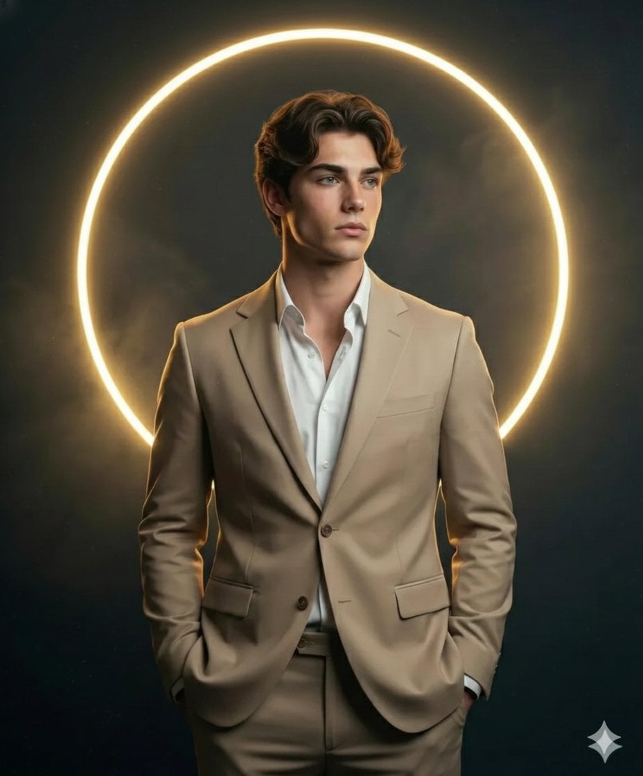 A high-definition, cinematic portrait of a sharp, handsome young man with wavy dark hair,...