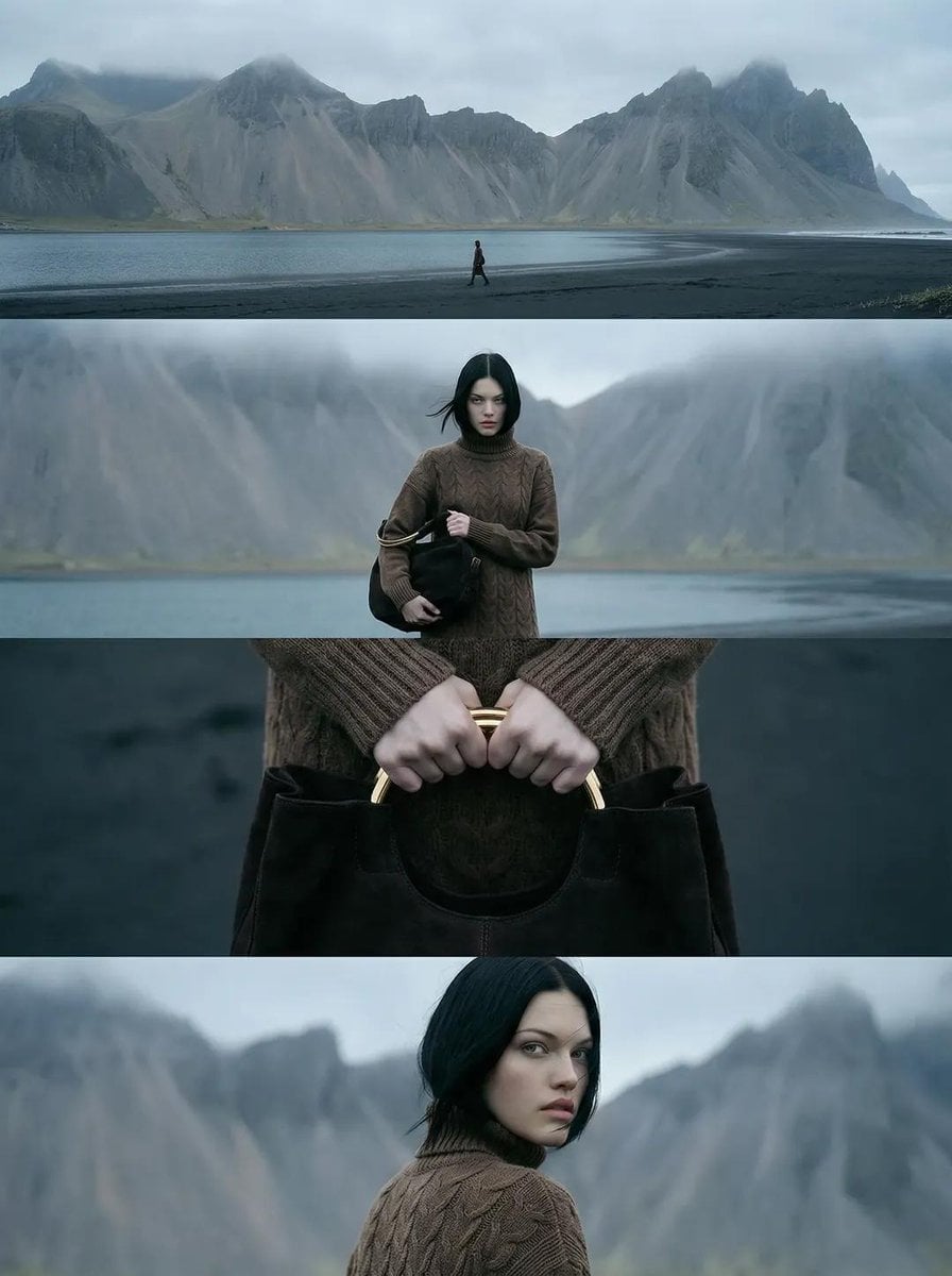 A vertical cinematic editorial image composed of four horizontal film frames stacked vert...