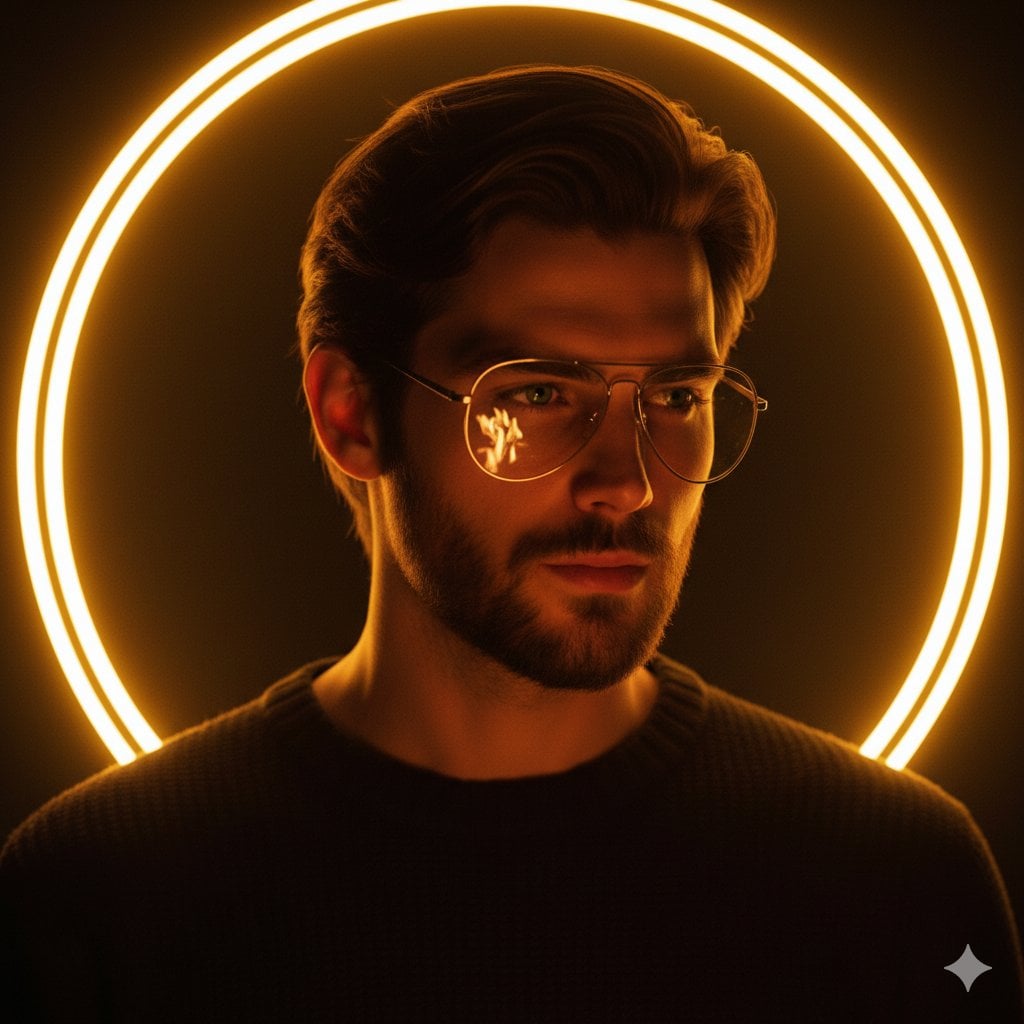 Cinematic portrait of a handsome young man with short styled hair and a trimmed beard, we...