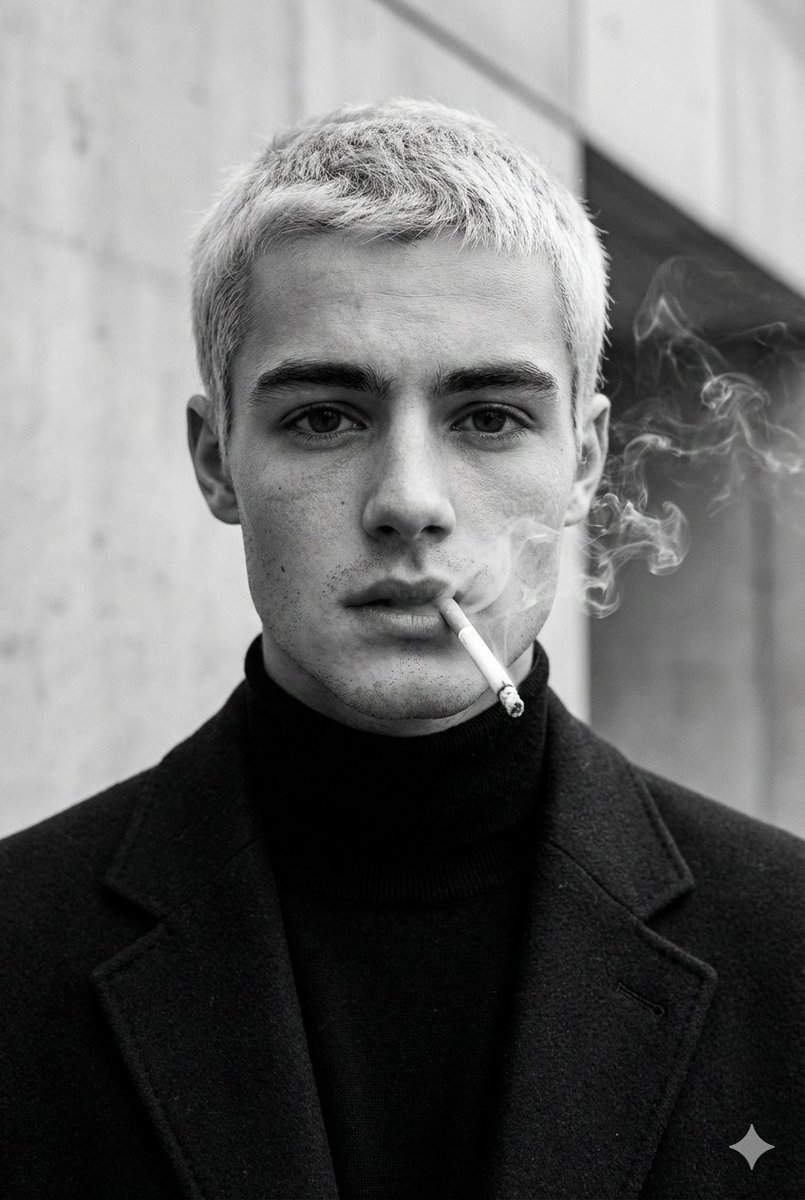 Ultra-realistic fashion black and white portrait of a man with short light hair, wearing ...