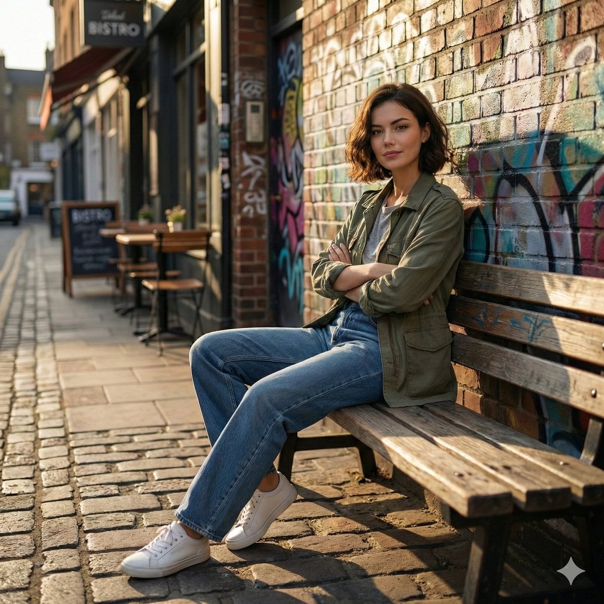 Cinematic realistic street scene, beautiful young woman with short wavy bob haircut, natu...