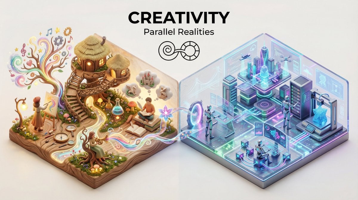 “Present a clear, 45° top-down isometric miniature 3D split diorama showing two parallel ...