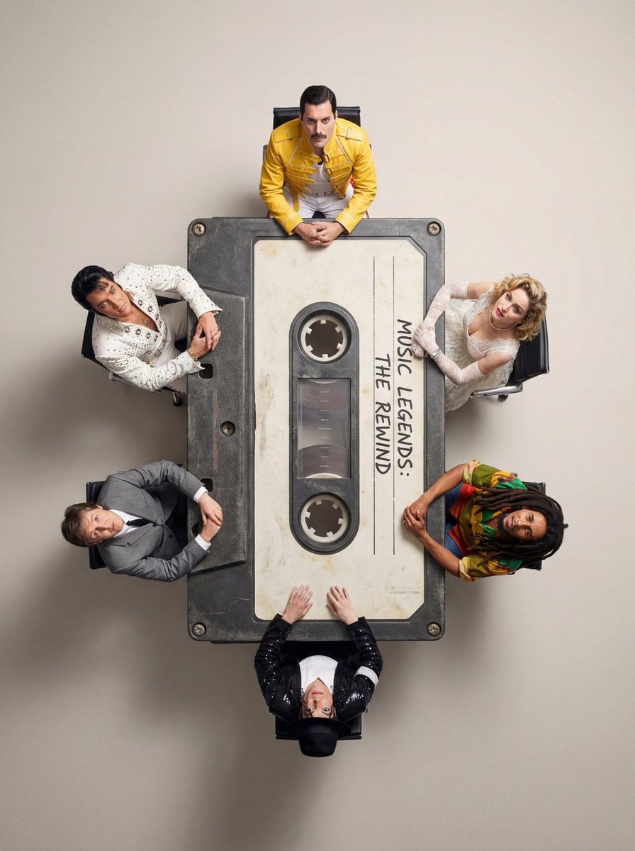 Ultra-wide-angle hyper-realistic top-down flat lay photography. The central focus is a cu...