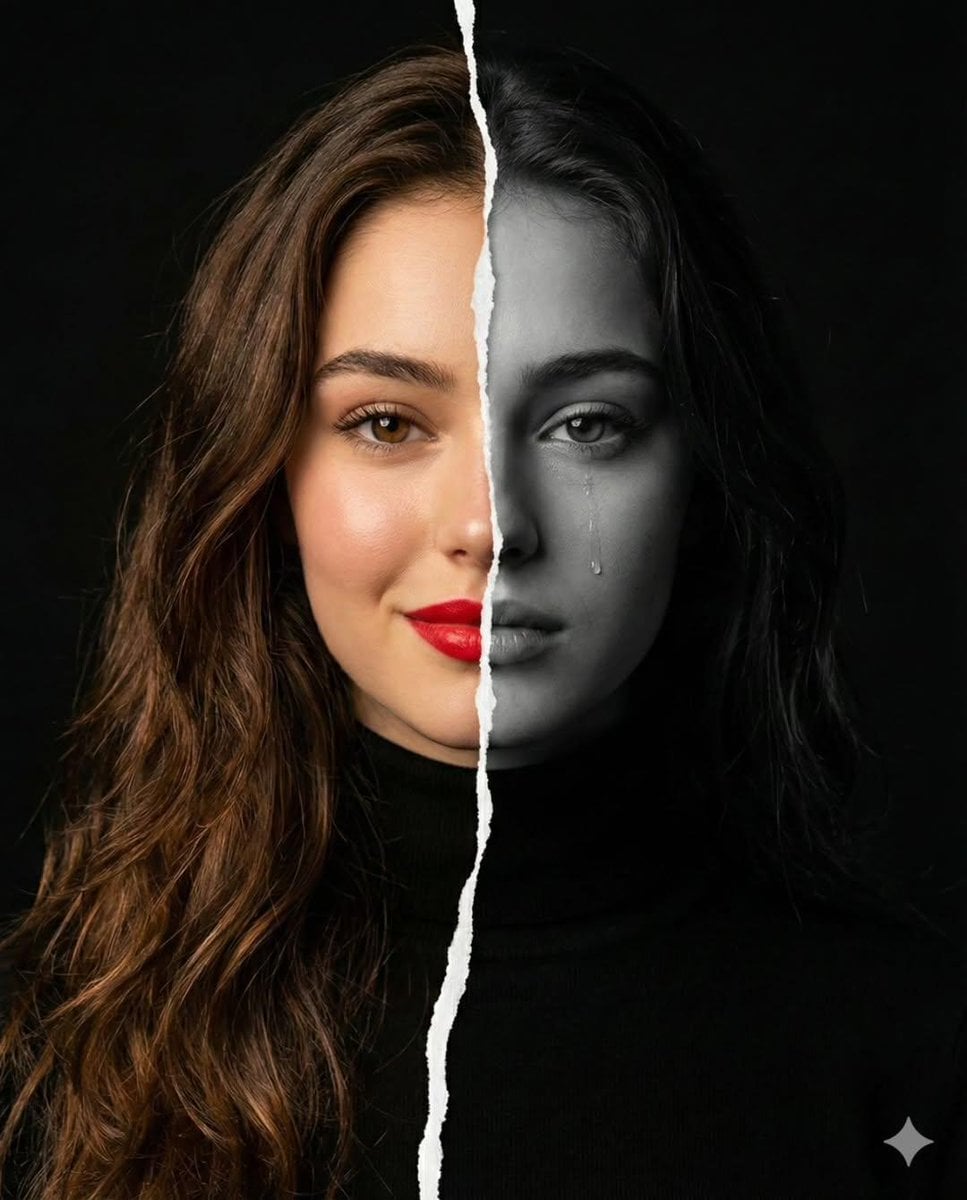 A high-resolution conceptual portrait of a woman’s face vertically split down the middle...