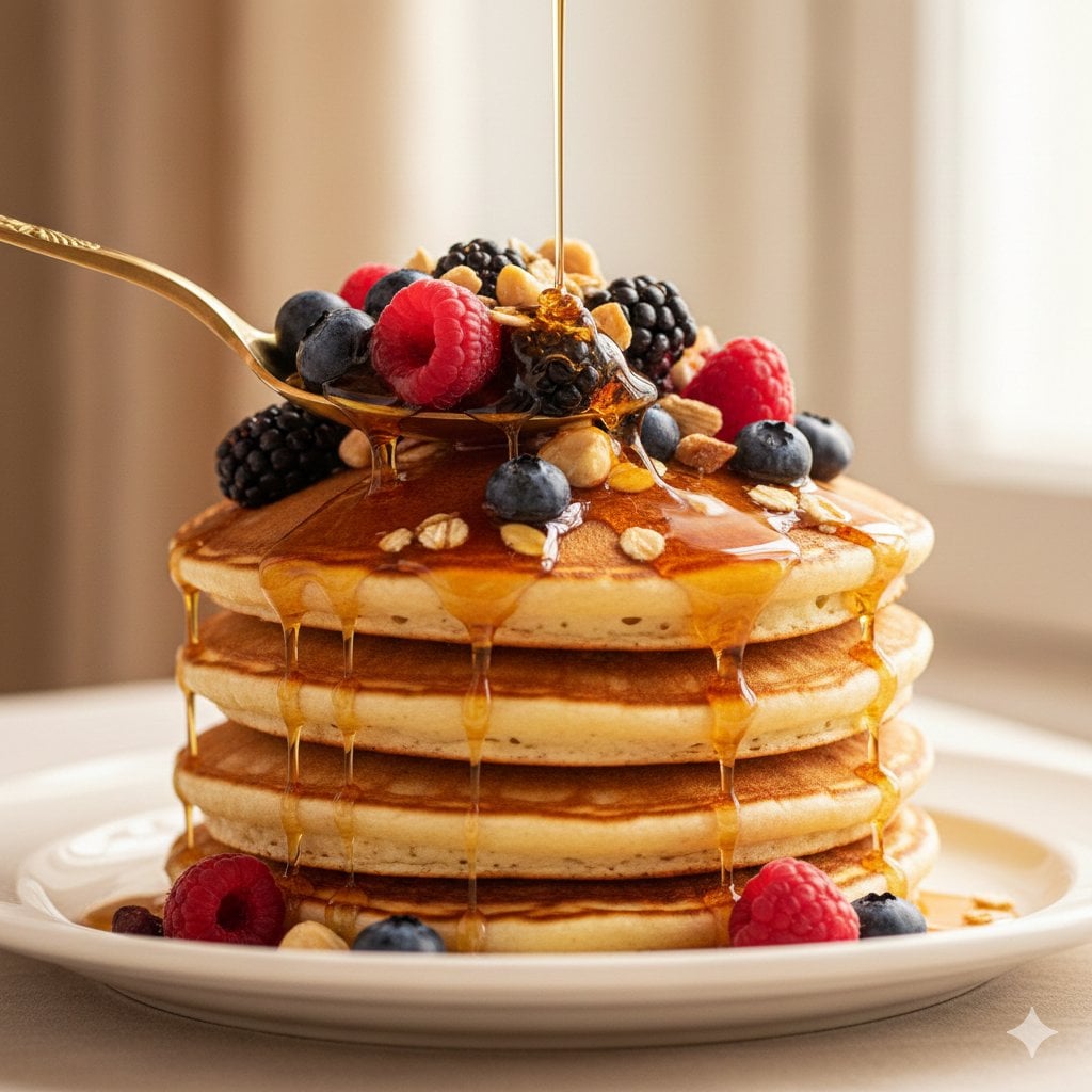 Ultra-luxury food commercial of a stack of thick, fluffy American pancakes with perfectly...
