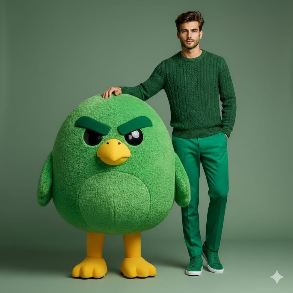 High-end studio fashion portrait of a handsome male model standing beside a large plush g...