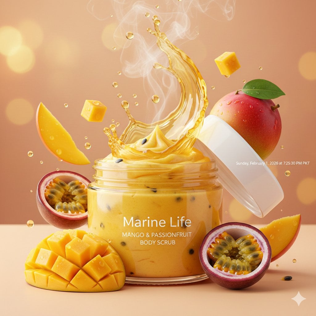 Luxurious tropical body scrub product photography, open jar of bright vibrant yellow-oran...