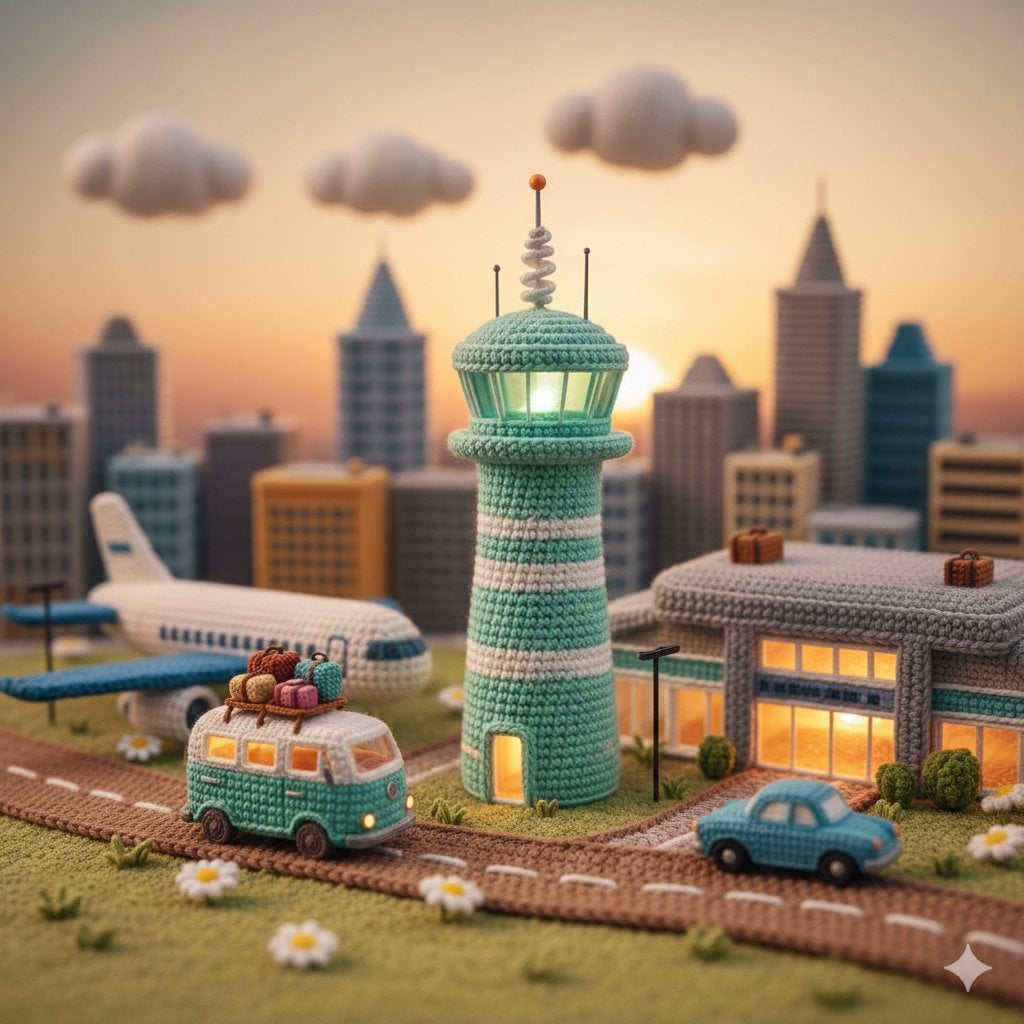 A highly detailed miniature diorama entirely made of crochet and amigurumi yarn, whimsica...