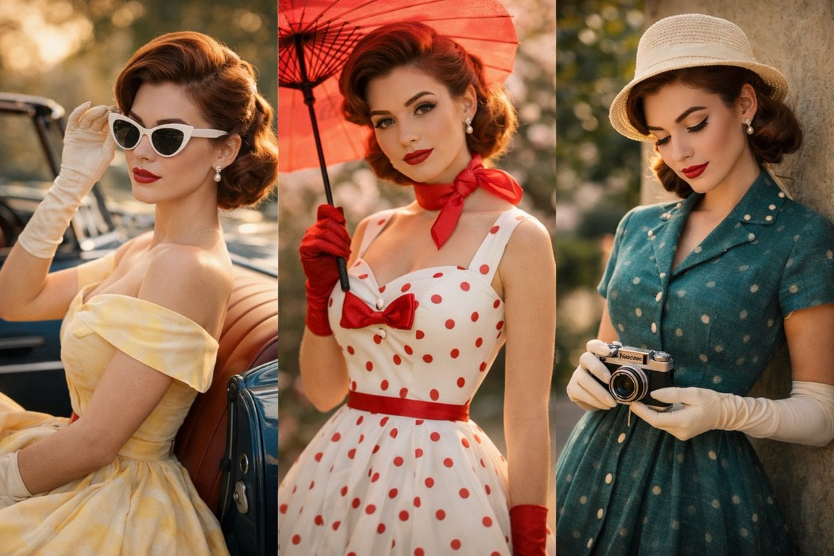 A cinematic vintage fashion portrait of a graceful young woman in a 1950s aesthetic, stan...