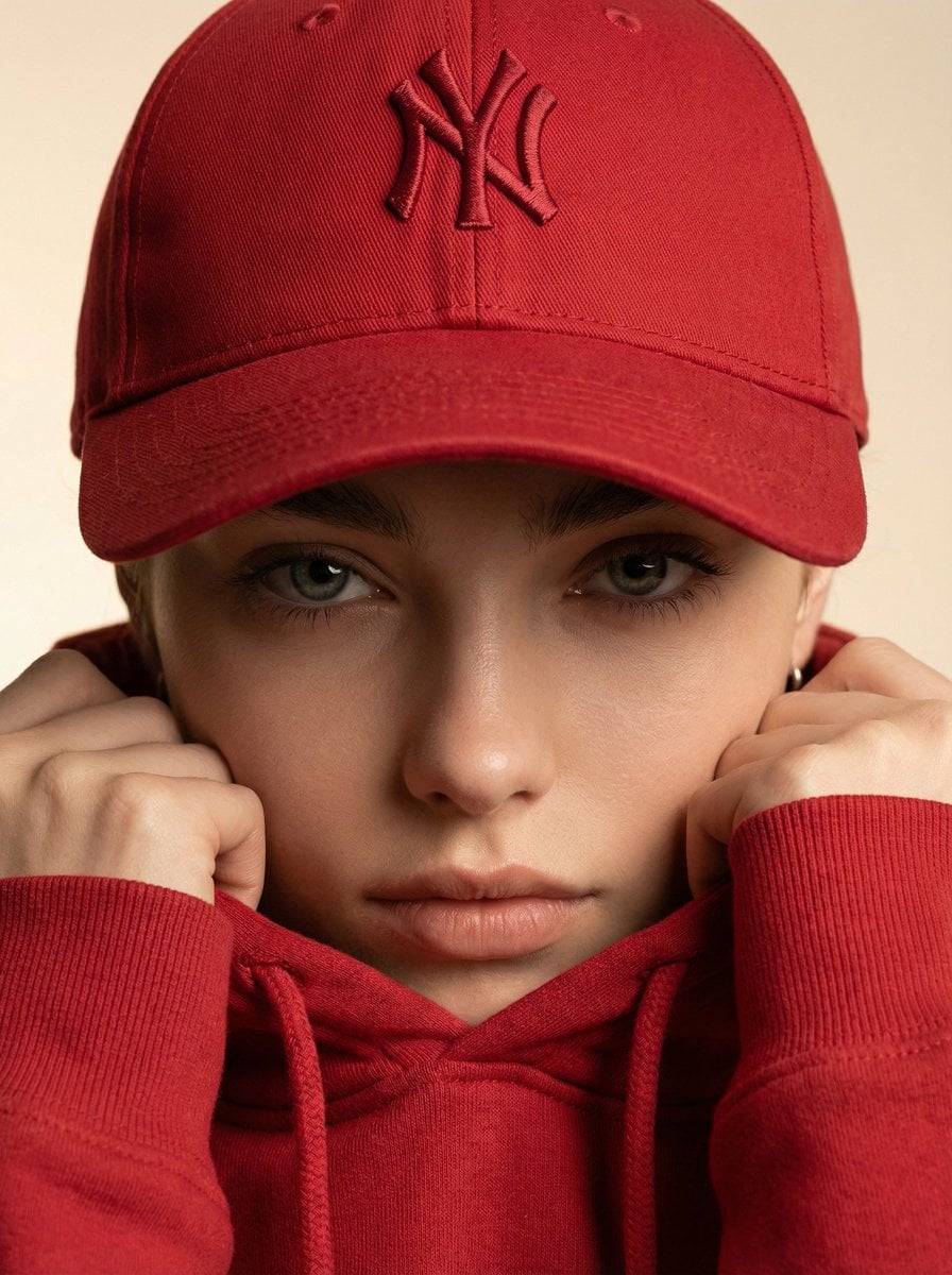 Ultra-realistic fashion beauty crop of a female model wearing the reference red baseball ...