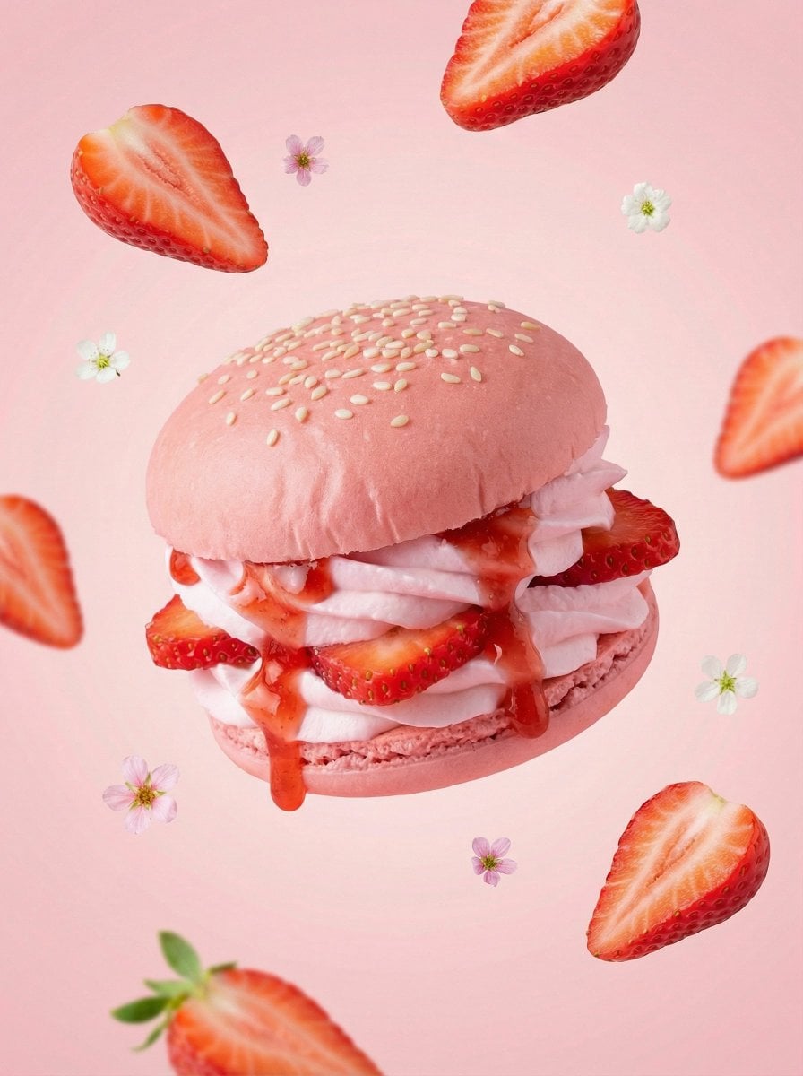 A hyper-realistic {FRUIT} dessert burger, centered composition, soft pastel {FRUIT_COLOR}...