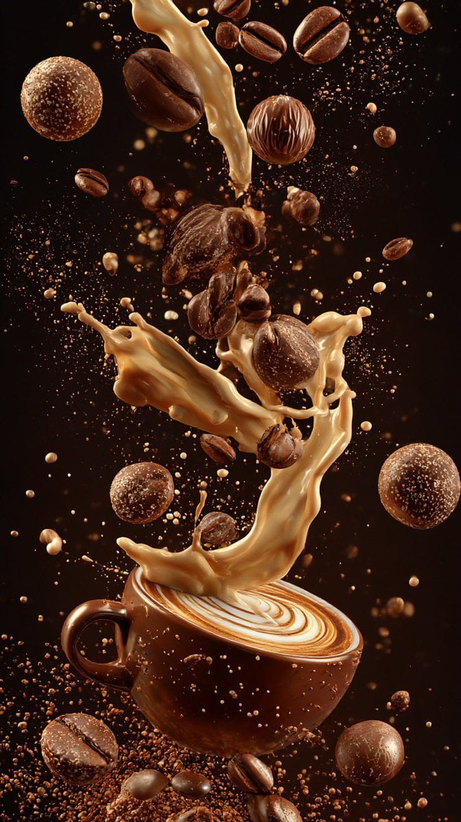 Ultra-cinematic vertical composition of coffee elements suspended in mid-air cascading ro...