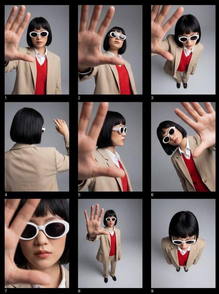 Editorial fashion contact sheet of a modern woman with a sharp black bob haircut wearing ...