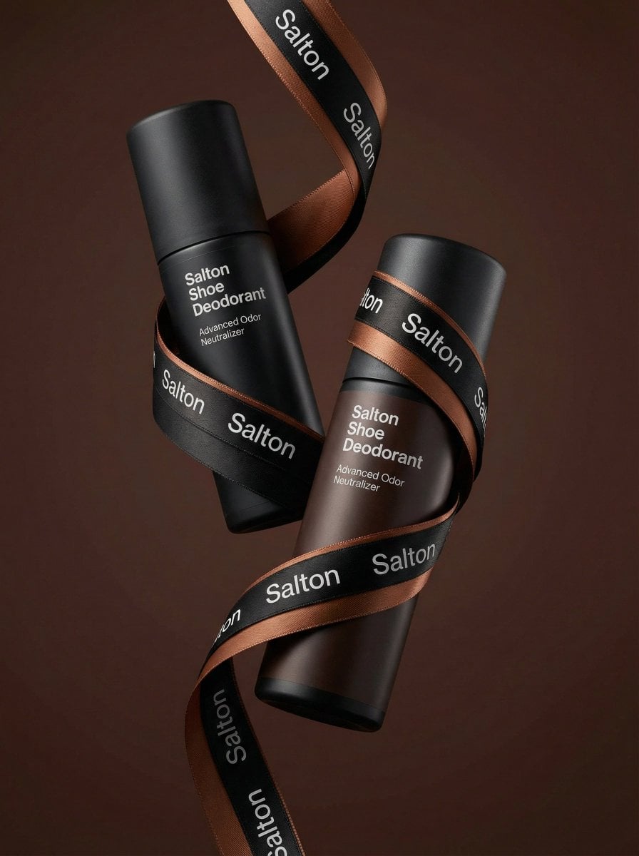 A product photo in a premium advertising style. Two tall matte bottles of Salton Shoe Deo...