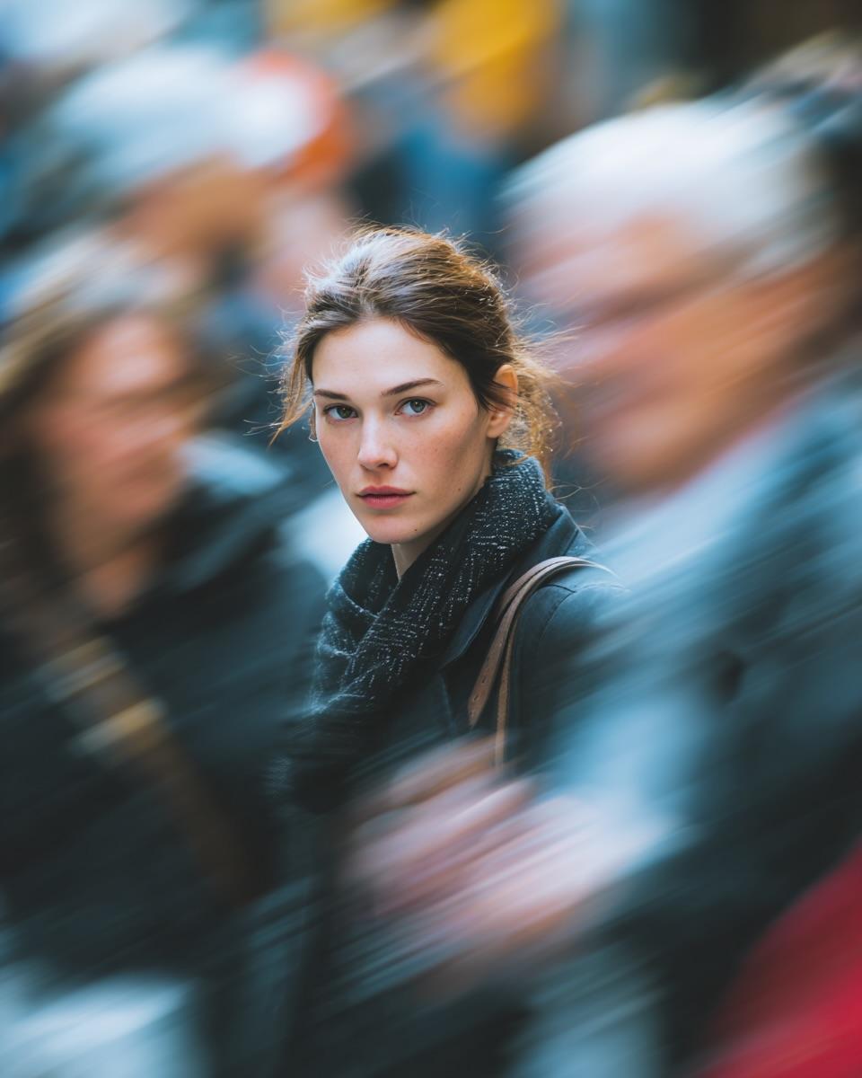 Ultra-realistic cinematic street portrait of a young woman standing still in a crowded ci...