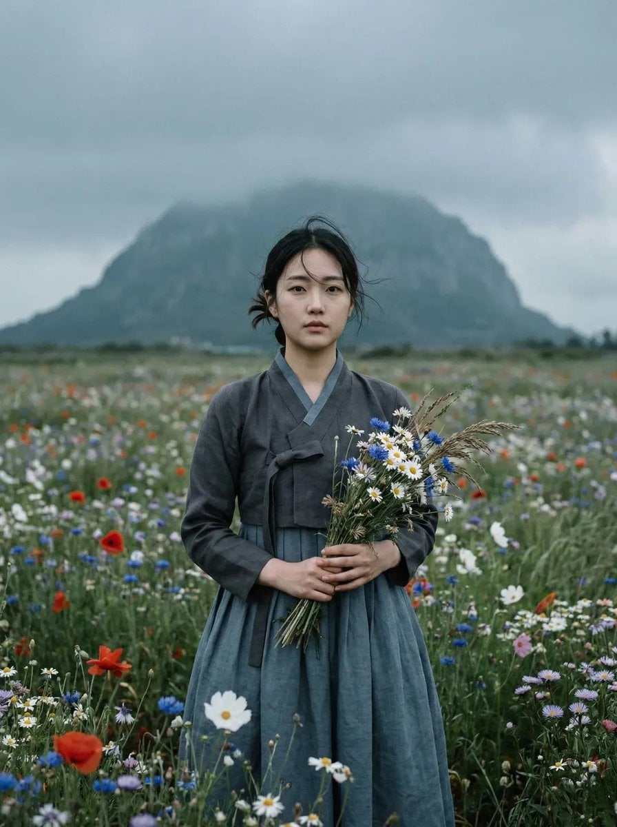 Ultra-realistic cinematic portrait of a young East Asian woman standing alone in a vast w...