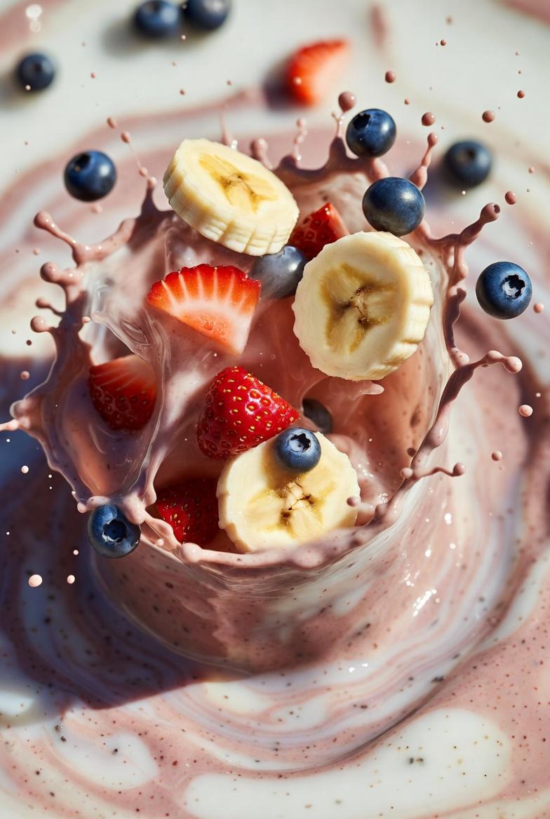 Ultra-realistic smoothie explosion, banana slices, strawberry pieces, blueberry splash, c...