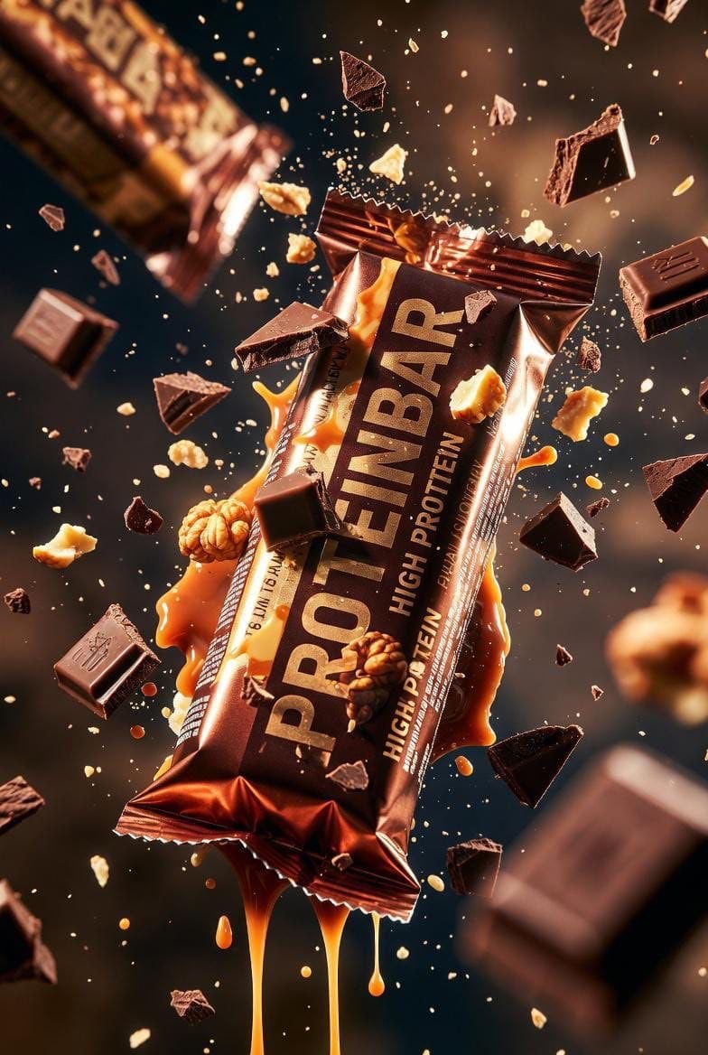 Ultra-cinematic product photography of a premium protein bar wrapped in metallic packagin...