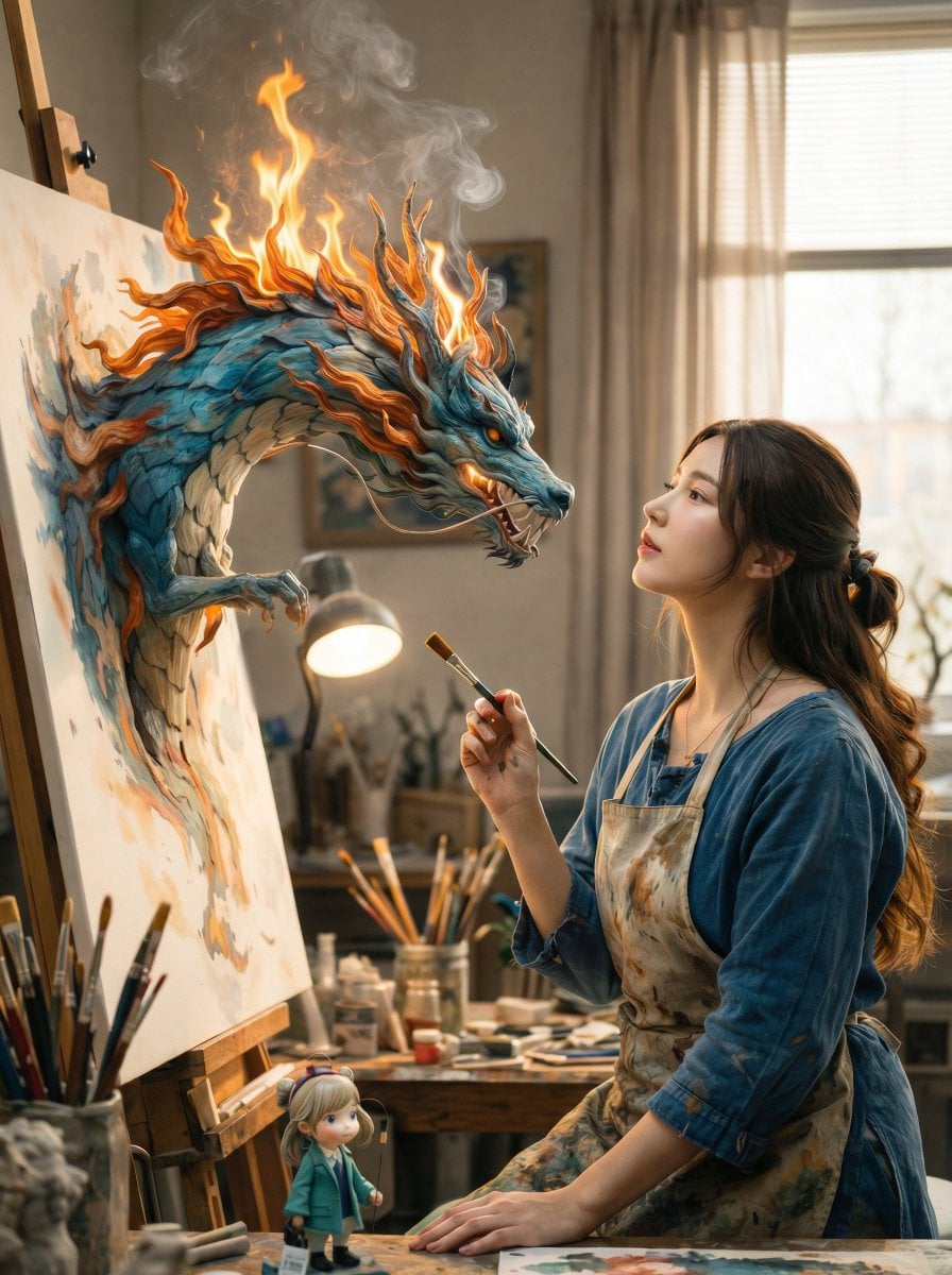 A cinematic fantasy scene inside a cozy artist’s studio. A young female painter wearing a...
