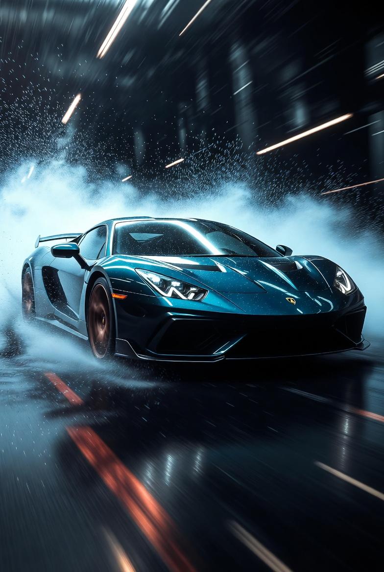 Hyper-realistic cinematic product photograph of a luxury sports car front three-quarter v...