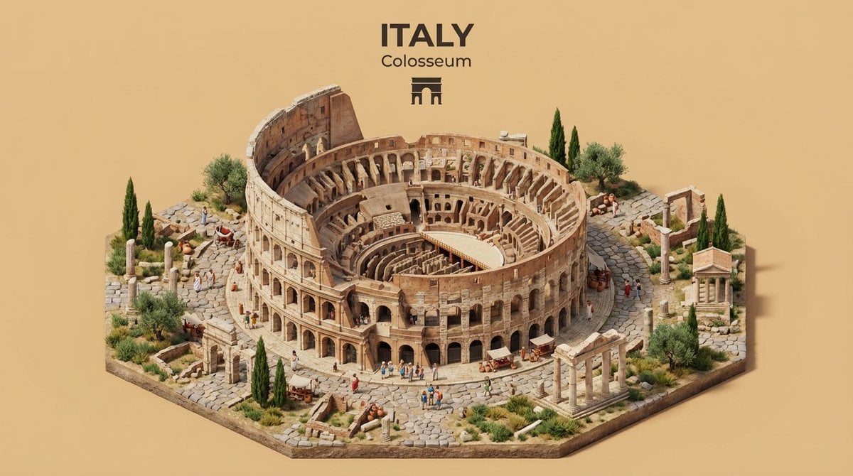 \Create an isometric miniature 3D diorama representing the iconic architecture of [COUNTR...