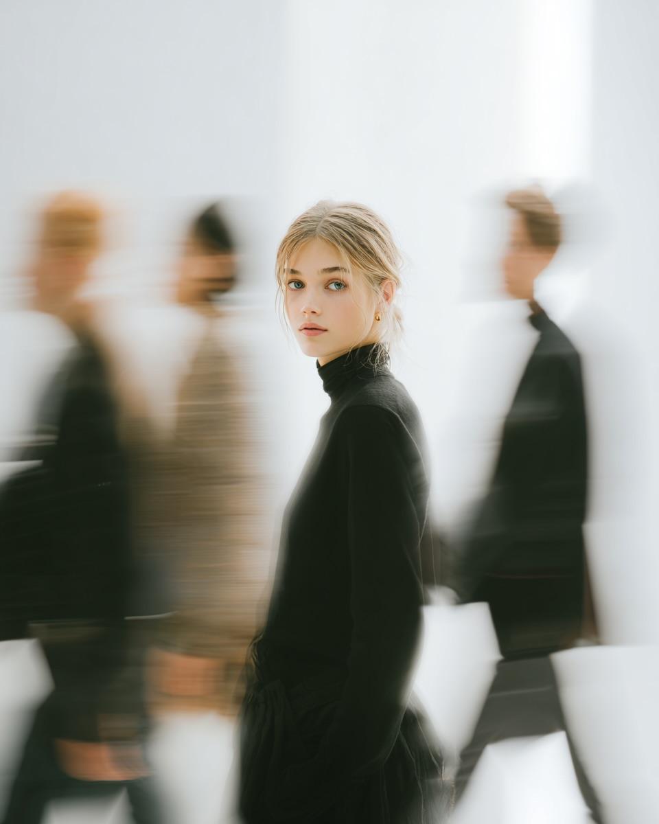 A high fashion magazine pictorial of an Alpine-looking woman in her early 20s who stands ...