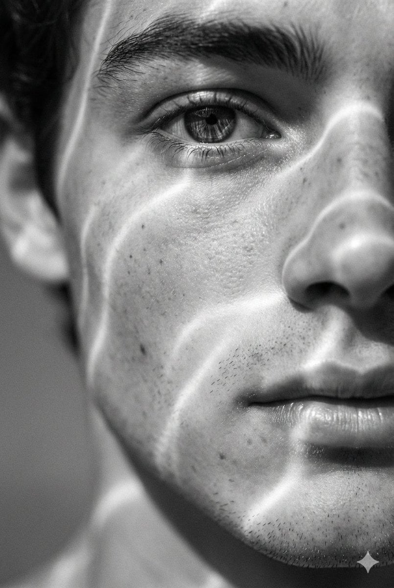 A hyperrealistic 8K black and white extreme close-up portrait of a young man's face, focu...