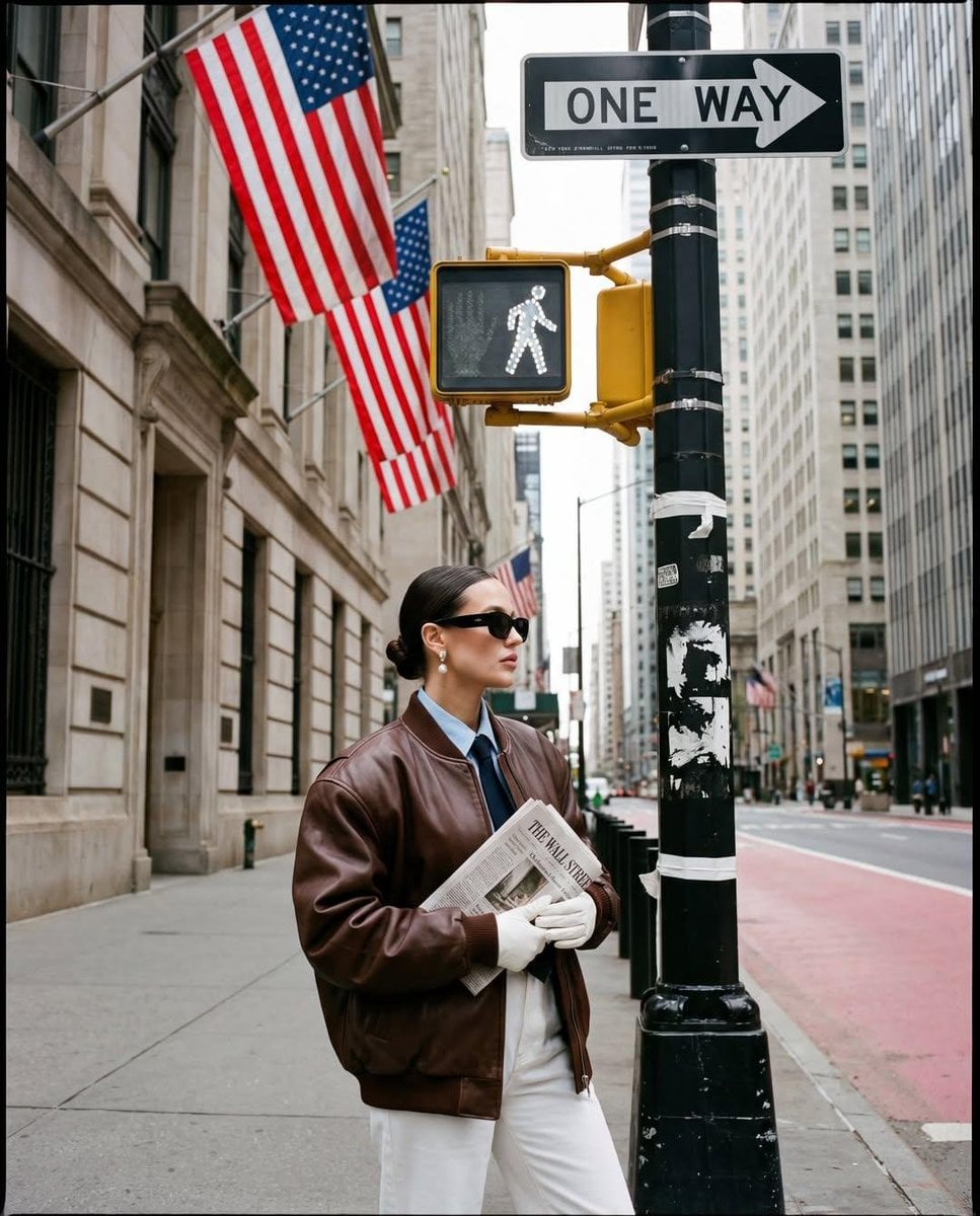 Ultra-realistic street fashion editorial photograph in New York City / Wall Street area, ...