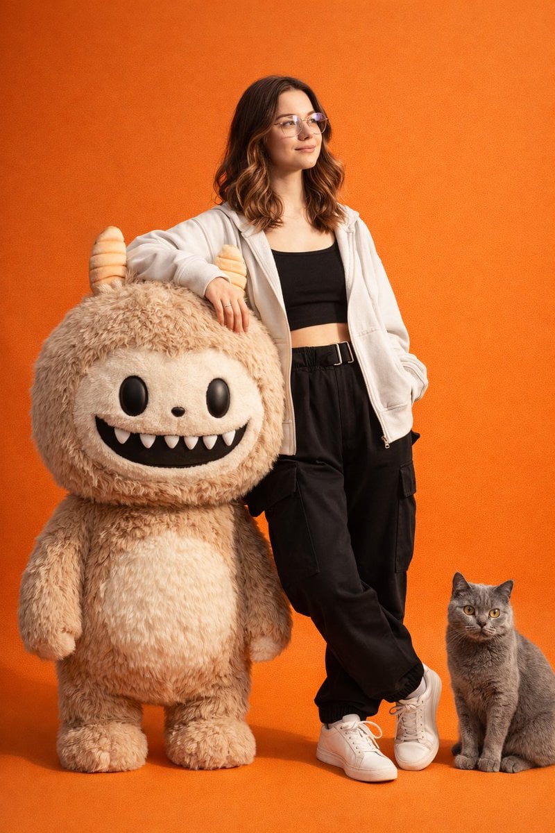 Create a hyper-realistic, high-detail studio photoshoot featuring the same person from th...