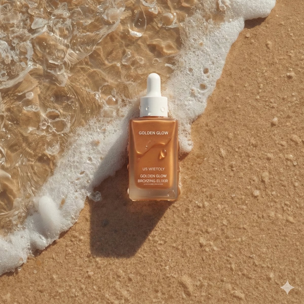 Ultra-realistic summer skincare product photography of a bronzing drop bottle named "Gold...