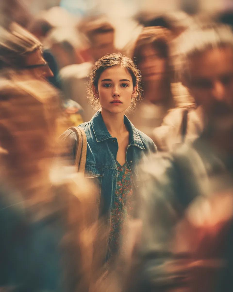 Cinematic portrait of a young person standing still in the middle of a busy crowd, sharp ...