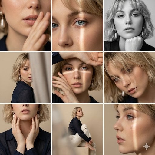 Editorial 3x3 photo grid in a clean soft beige studio. Character (matches reference 100%)...