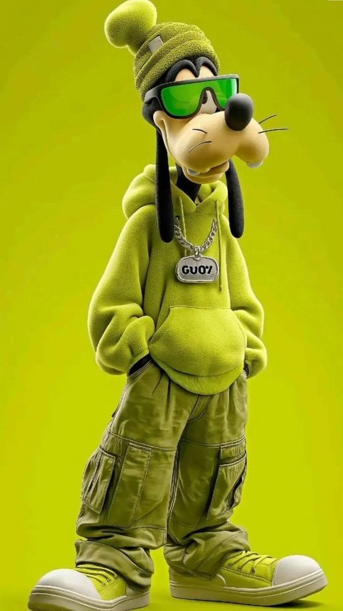 Full-body 3D stylized anthropomorphic cartoon dog character wearing modern streetwear, ov...
