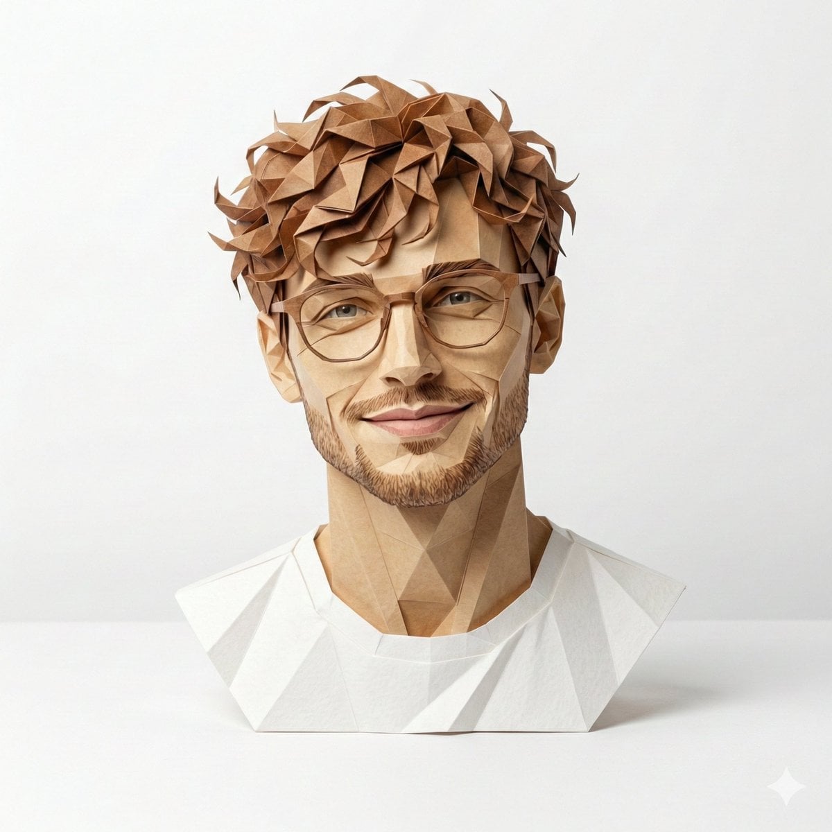 A hyper-detailed, origami-style version of a person, folded from high-quality paper with ...