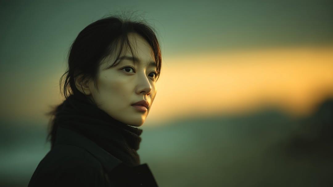 Photorealistic cinematic portrait of a young East Asian woman standing outdoors at sunset...