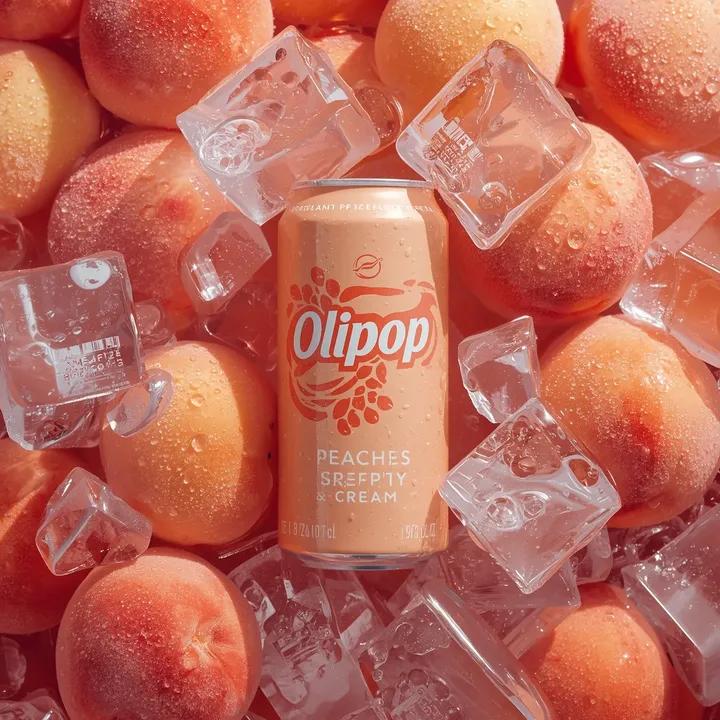Ultra-realistic commercial product photography of a pastel peach-colored soda can labeled...