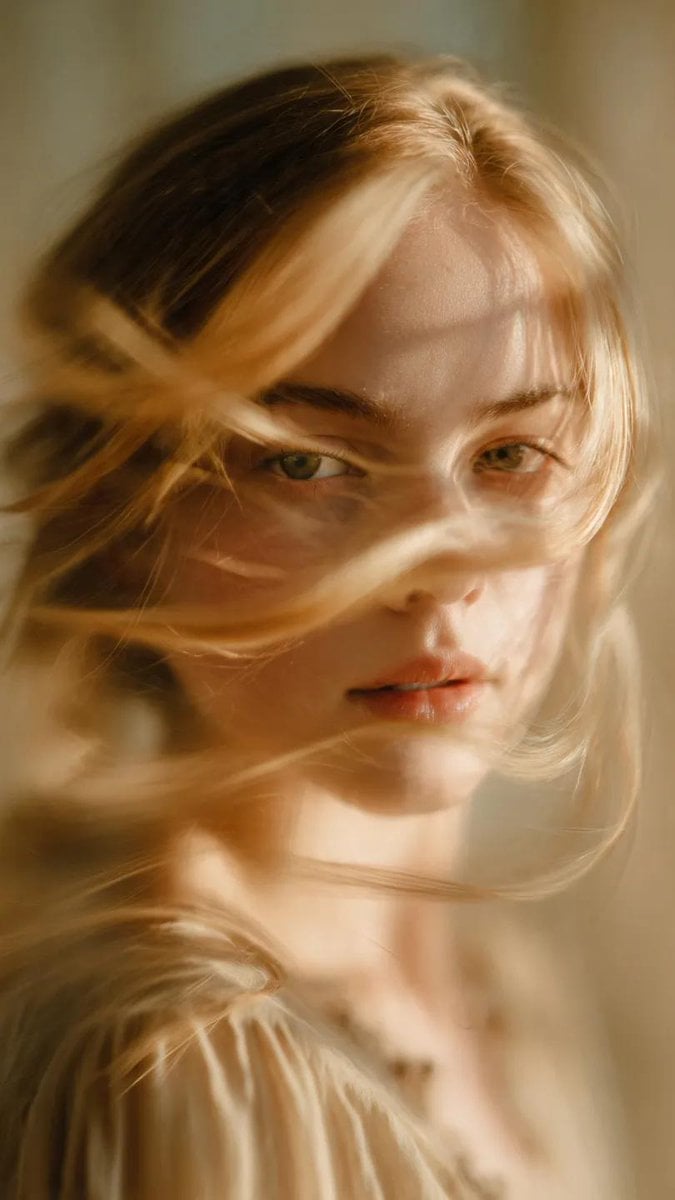A soft-focus, cinematic portrait of a young woman with delicate facial features and light...