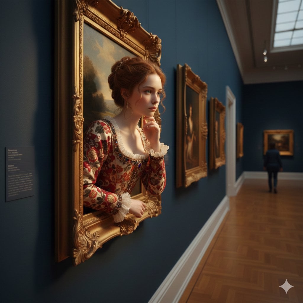 A surreal, ultra-realistic scene of a young woman emerging from an ornate golden picture ...