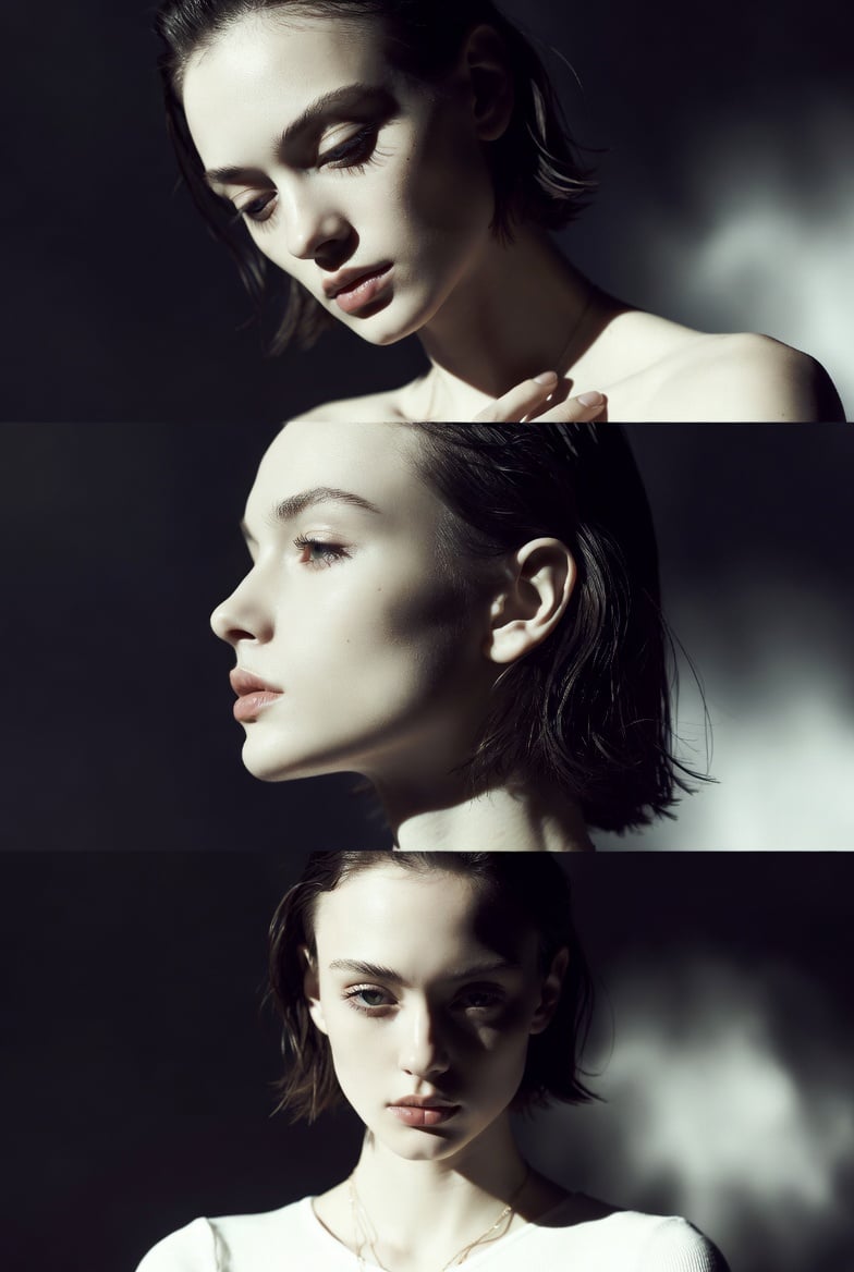 Preserve the face, proportions, and external features of the model as in the reference. A...
