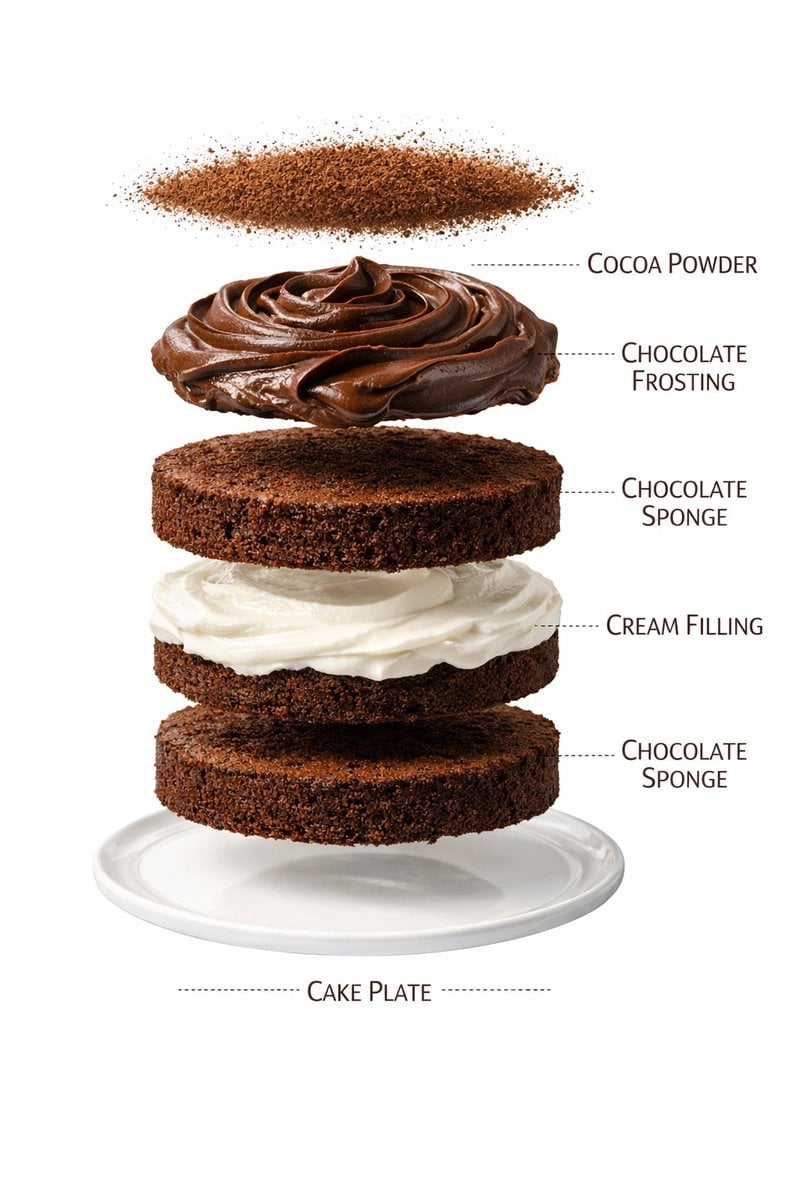 Ultra-realistic premium food photography of a layered chocolate cake on a white plate, ce...