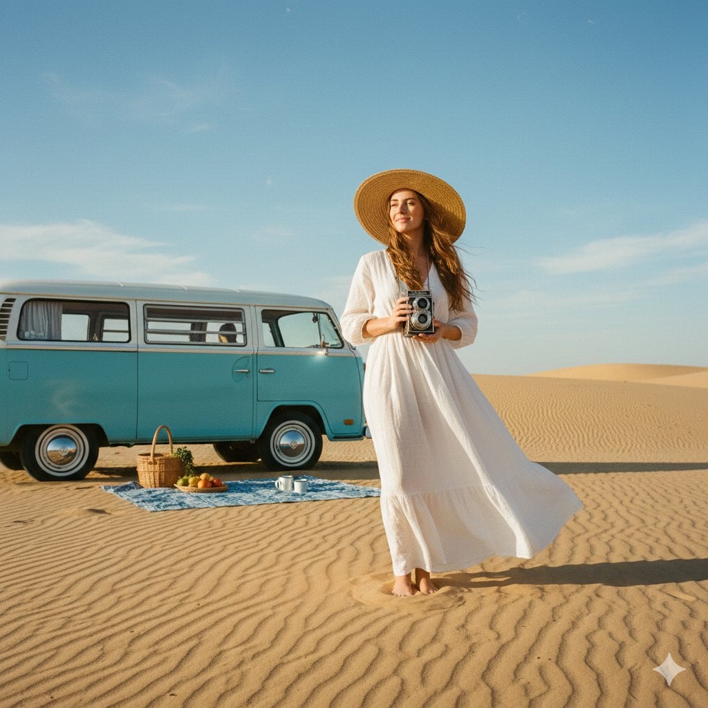 A wide shot of a woman in an airy white linen maxi dress and a wide-brimmed straw hat, st...