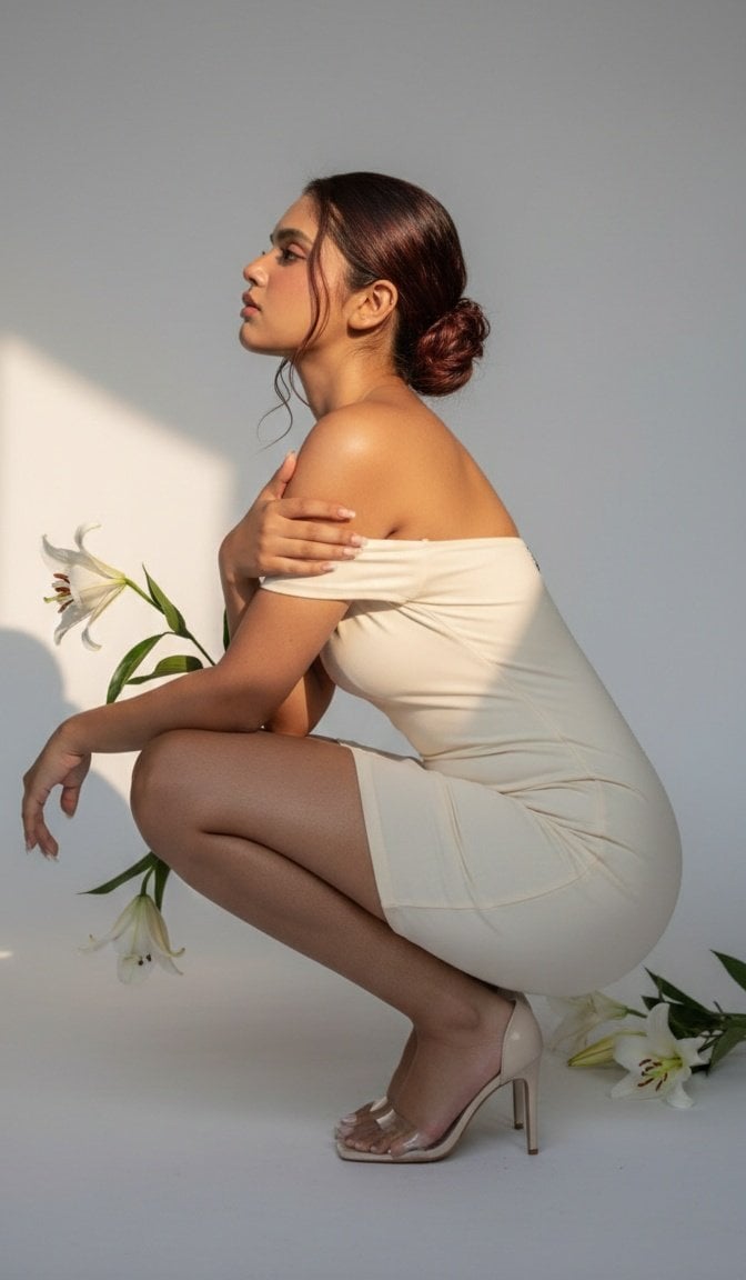 Role: high-end fashion editorial photographer shooting a luxury minimalist studio campaig...