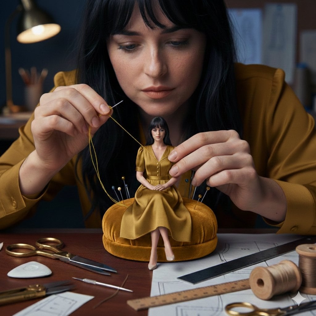 A cinematic fashion studio scene of a woman hand-sewing a miniature dress worn by a tiny ...
