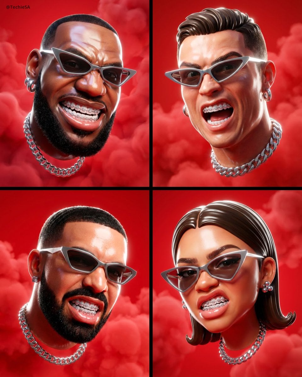A hyper-stylized, dynamic 3D head portrait floats against a vivid red background with sof...