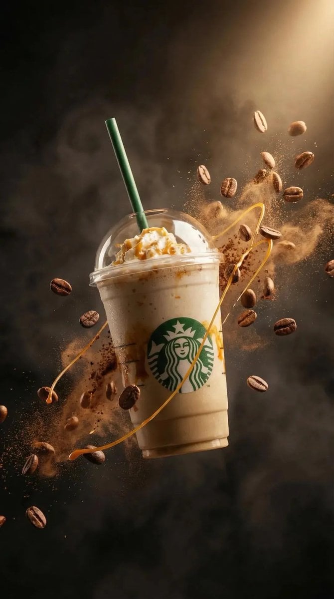 Ultra-realistic commercial product photography of a caramel frappuccino in a clear plasti...
